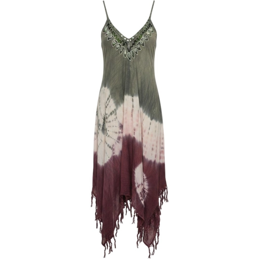 Boho Tie Dye Dress Olive Mauve Embroidered, Fringed Midi Medium
